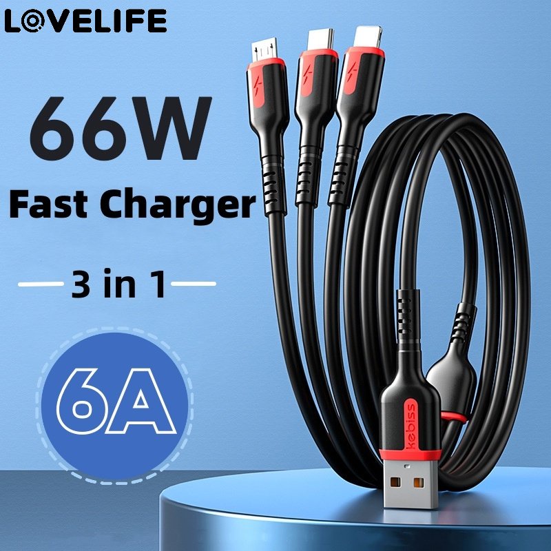 Kabel 3in1 66W 6A USB Tipe C Banyak Port Quick Charge Data Line Fast Charging Wire Menebal Kabel Charger Tahan Lama Kabel Mobil Pegas USB Mikro Kompatibel Dengan iphone &amp;Android