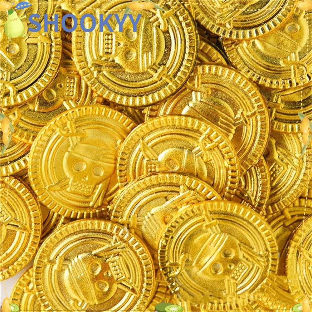 Chookyy 50pcs Koin Emas Bajak Laut Prop Dekorasi Harta Karun Tengkorak