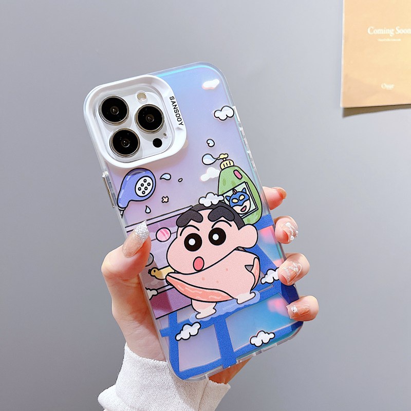 【Laser colorful】So Cute IMD high quality bathe Shin-chan Hard Case for IPhone 11 12 13 14 Pro Max Women Girl Lovely Cartoon