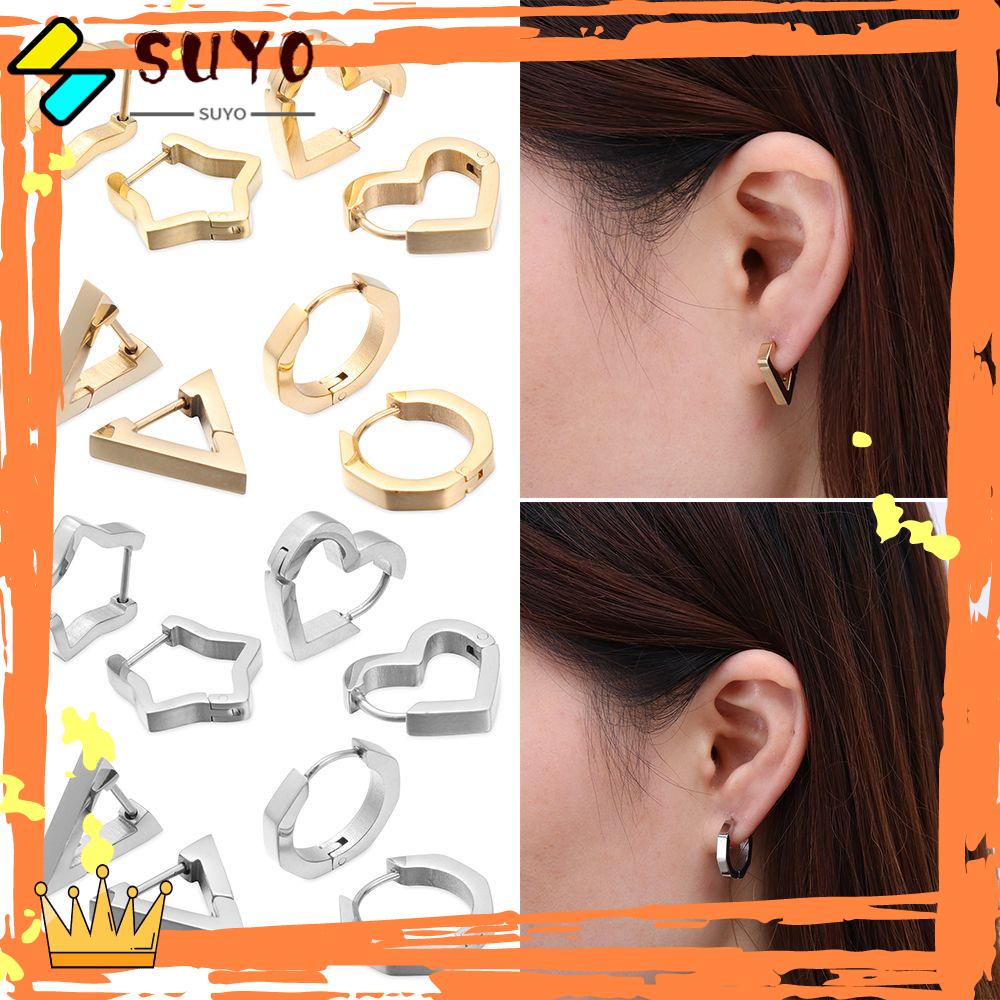 Suyo Huggie Hoop Earring Fashion Bintang Sederhana Hati Emas Perak Hitam Perhiasan Tindik Telinga