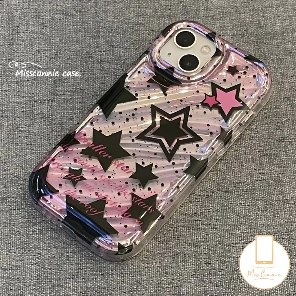 IPHONE Casing Kertas Kartu Laser Bintang Berujung Lima Hitam Ungu Kompatibel Untuk Iphone11 13 14 12 Pro MAX 7Plus 8Plus 6 6S 7 8 Plus XR X XS MAX SE 2020lembut 3D Bergelombang Melengkung Mewah Back Cover