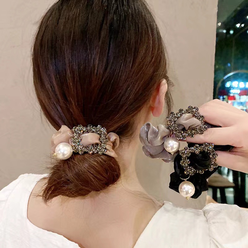 Gaya Korea Organza Mutiara Scrunchy Ikat Rambut Perempuan Musim Panas ins Perancis High-End Peri Gaya Chanel Ikat Rambut Kepala Tali