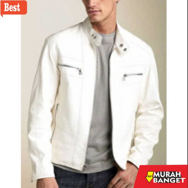 Jaket kulit pria terbaru- Jaket semi kulit pria warna putih sd big size / white leather jacket