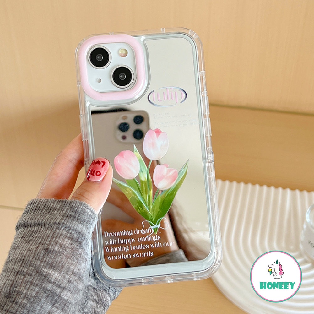 Pink Tulip Cermin Rias Tak Terlihat Stand Phone Case Kompatibel Untuk Iphone14 13 12 Pro Max Case iPhone 11 Pro Max Shockproof Back Cover