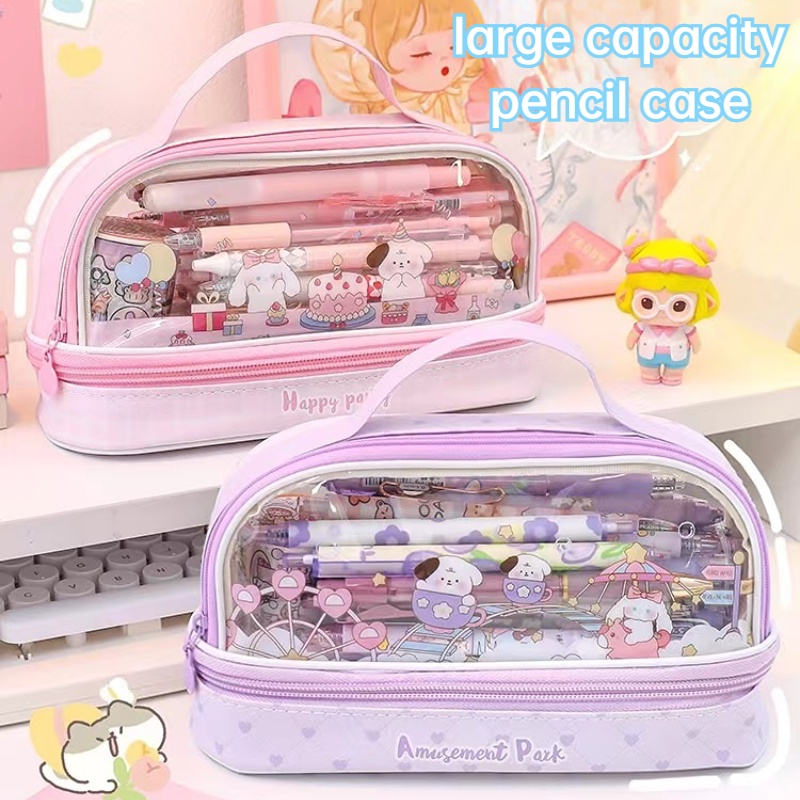 Happy Party Double Layer Pencil Case Kapasitas Besar Lucu Kartun Genggam Ritsleting Kotak Pensil Transparan Tas Pulpen Tas Penyimpanan Siswa Alat Tulis