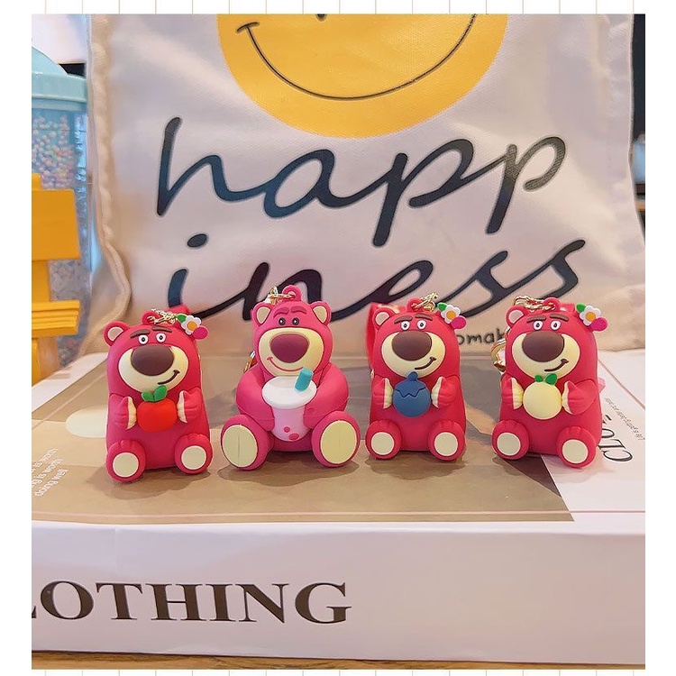 Kartun Strawberry Beruang Boneka Gantungan Kunci Silikon Stitch Anime Figurine Phone Bag Key Ring Pendant
