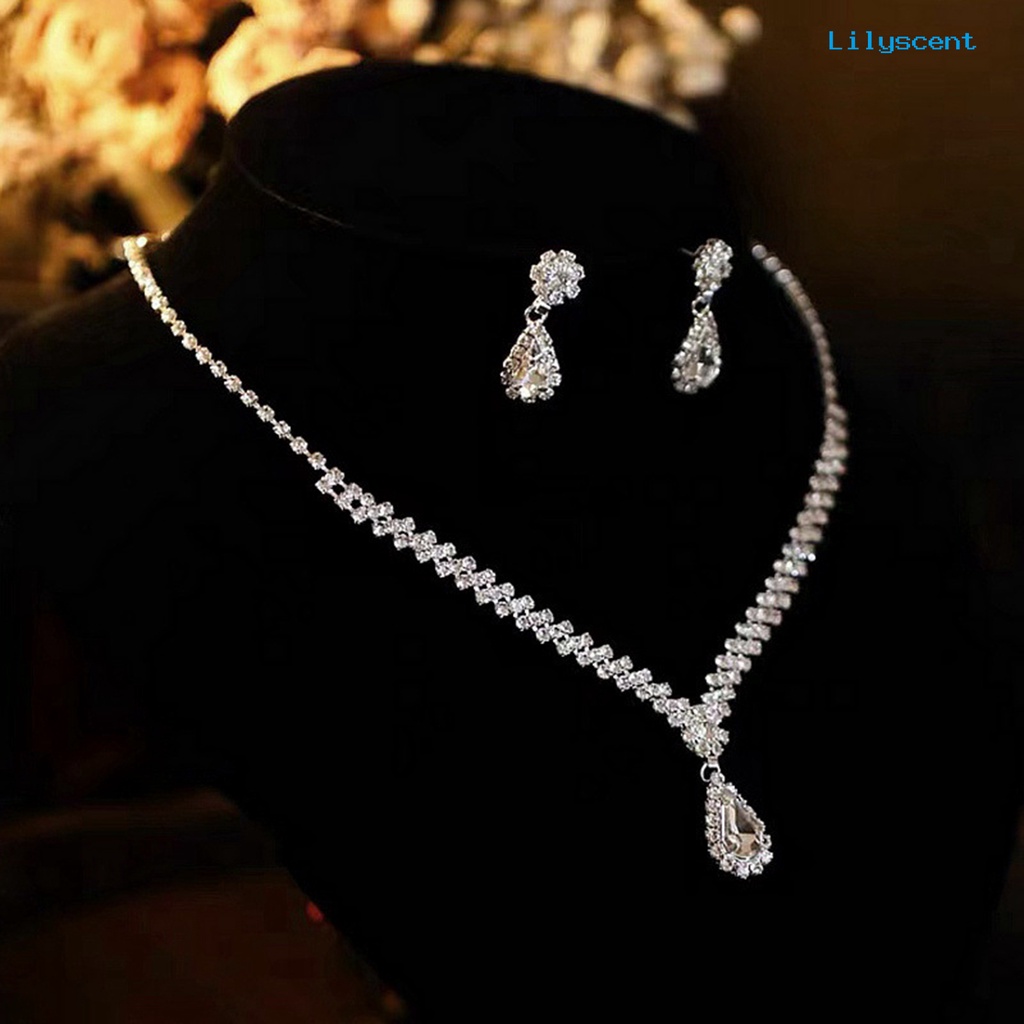 [LS]1 Set Kalung Anting Pengantin Perhiasan Berlian Imitasi Berbentuk Tetesan Air Gaya Korea Set Perhiasan Berkilau Untuk Pernikahan