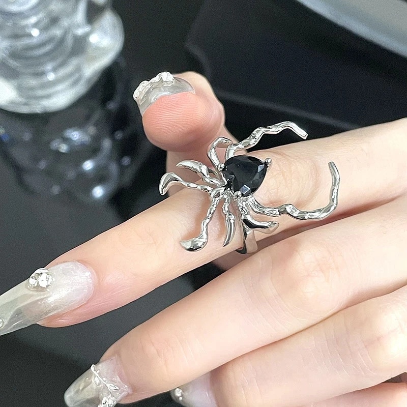 [Ditampilkan] Punk Hitam Kristal Geometris Logam Terbuka Cincin/Gothic Irregular Spider Webs Zircon Rings/Korea Hip Hop Fashion Adjustable Finger Rings Jewelry/