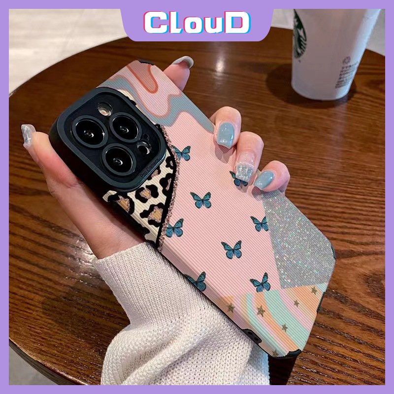 IPHONE Ins Cinta Hati Shockproof Case Kompatibel Untuk Iphone11 13 12 14 Pro MAX 7Plus XR X XS Max7 8 Plus Merek Trendi Leopard Jahitan Kontras Penutup Tekstur Kulit