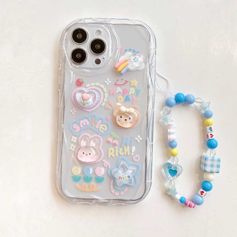 3D Clear Crystal Hand Made Diy Cute Cream Rabbit Bear Flower Soft Case IPhone 11 12 13 14 Pro Max New Apple for Women Girls Gift Bracelet Airbag Case