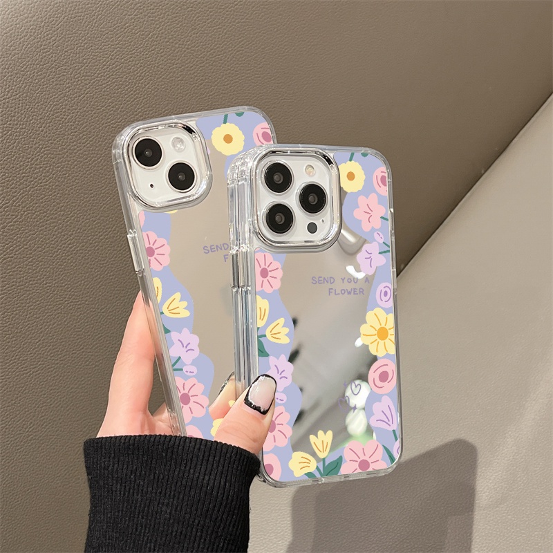 IPHONE Casing Ponsel Cermin Bunga Kartun Warna-Warni Kompatibel Untuk Iphone11 12 13 14 12Pro 13Pro 14Pro Pro Max XR X XS Max Electroplating Tombol Perlindungan Mirror Cover