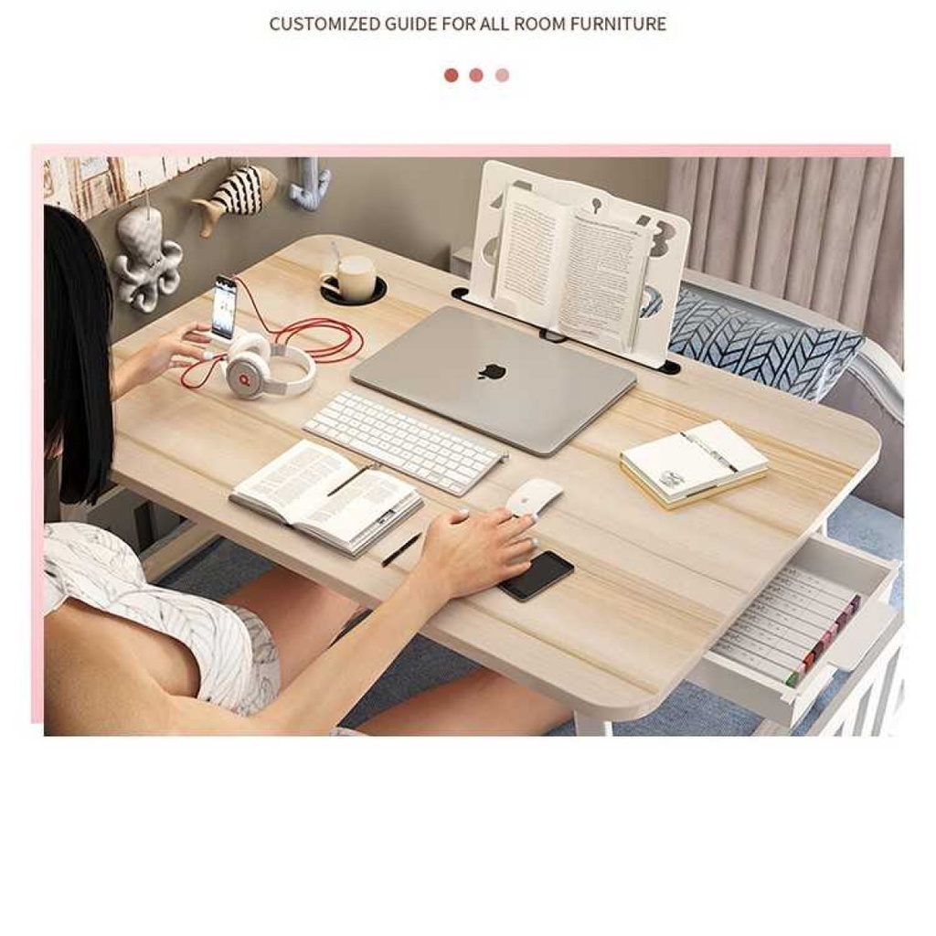 Meja Lipat Laptop Belajar Foldable Bed Table with Drawer Cup Holder