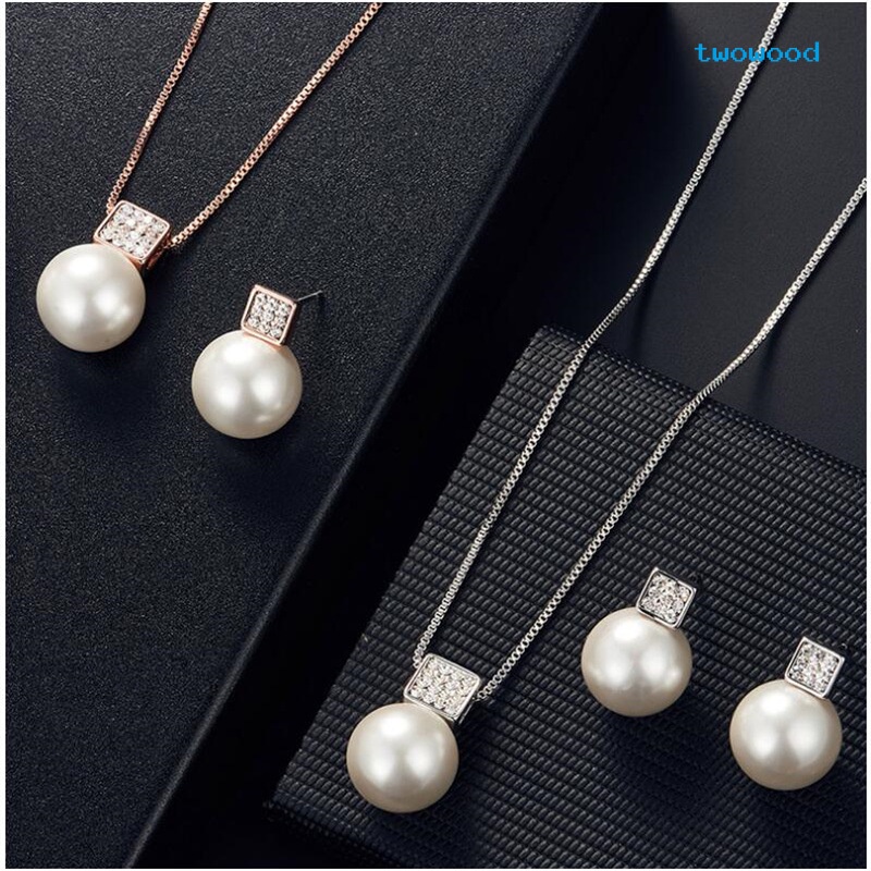 Twowood Square Diamond Pearl Pendant Set Perhiasan Kalung Anting Pengantin Pernikahan