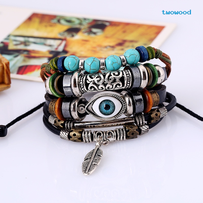 Twowood Multi-layered blue eyes Gelang Kulit Sapi Bulu Angin Etnik 5.5 Rambut Liontin Gelang Mahasiswa