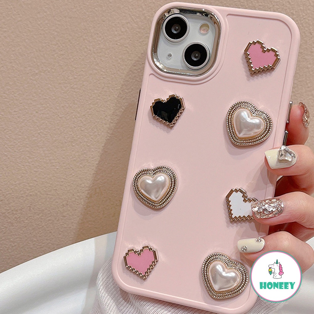 Korea Pink 3D Love Heart Pearls Phone Case Kompatibel Untuk iPhone 14 Pro Max13 12 /12pro 11 Pro Max Shockproof Pelindung Penutup Belakang