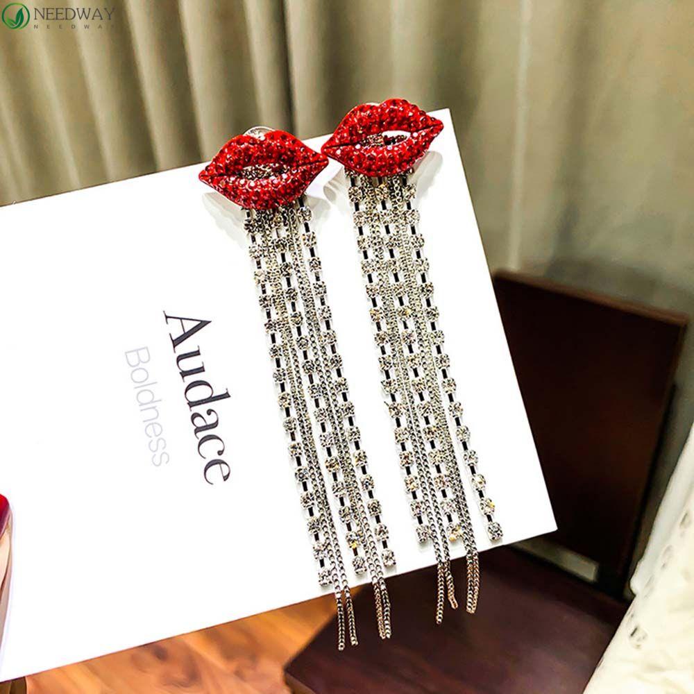 Needway Stud Earrings Pernikahan Mewah Fashion Aksesoris Mulut Berlian Imitasi Bibir Merah Kristal Menjuntai Earring