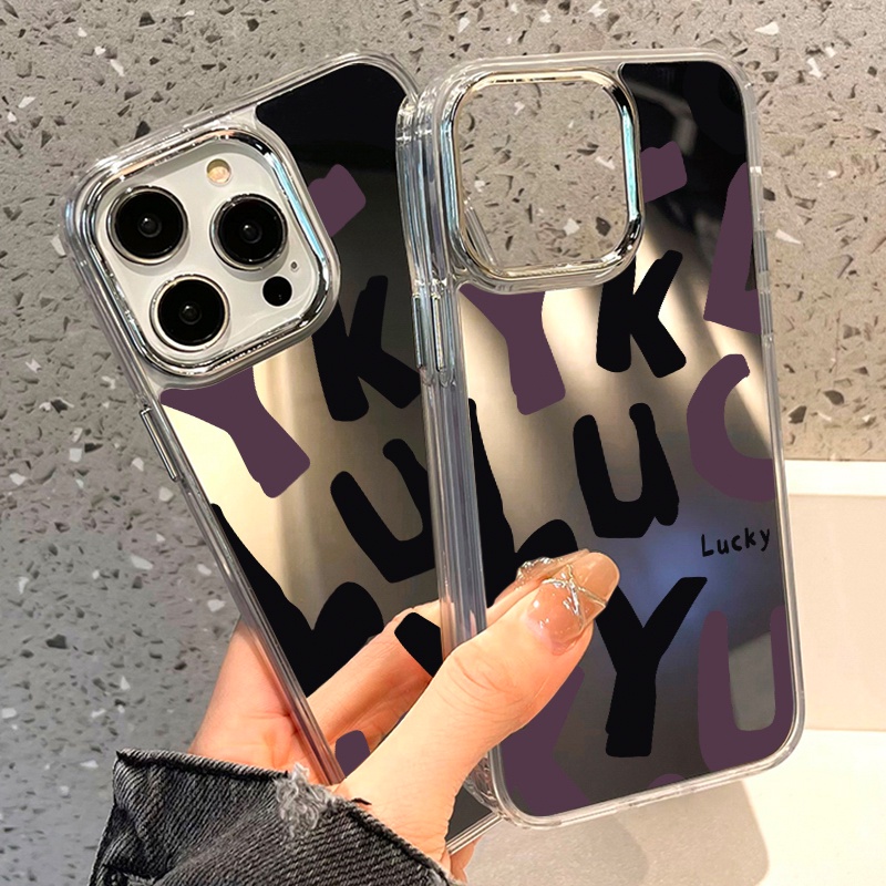 IPHONE Kata Keberuntungan Cermin Casing Ponsel Kompatibel Untuk Iphone11 12 13 14 12Pro 13Pro 14Pro Pro Max XR X XS Max Electroplating Tombol Perlindungan Mirror Cover