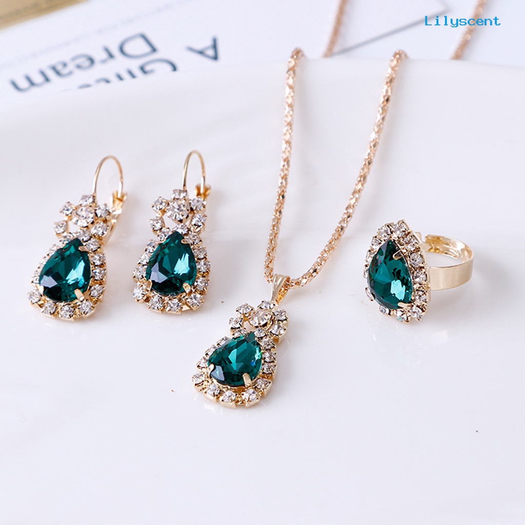 [LS]3Pcs /Set Wanita Tetesan Air Paduan Terang Berlian Imitasi Liontin Kalung Anting Cincin Set Perhiasan Untuk Hari Valentine