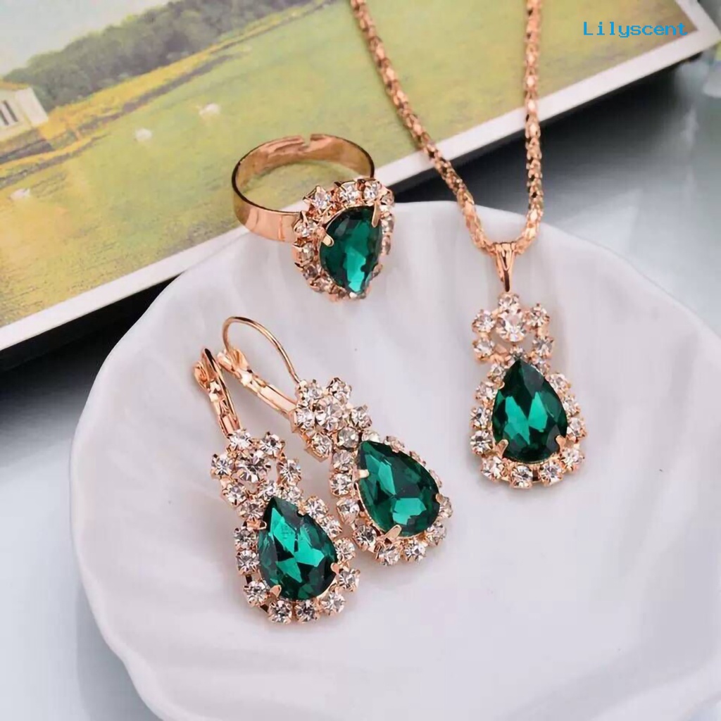 [LS]3Pcs/Set Klip Telinga Warna Cerah Paduan Kalung Anting Cincin Set Tetesan Air Berlian Imitasi Liontin Kalung Anting Cincin Perhiasan Aksesori