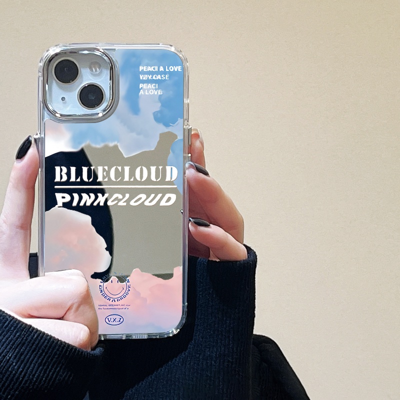 IPHONE Casing Ponsel Cermin Awan Biru Pink Kompatibel Untuk Iphone11 12 13 14 12Pro 13Pro 14Pro Pro Max XR X XS Max Electroplating Tombol Perlindungan Mirror Cover