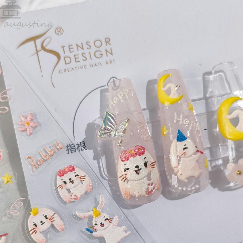 AUGUSTINA Agustina Kartun Kelinci Stiker Kuku Gadis Yang Indah Realistis Nail Art Decals Tahun Baru Salon Kuku Manicure Charms