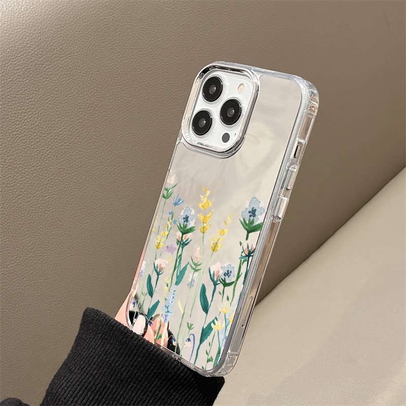 IPHONE Lukisan Cat Air Bunga Cermin Ponsel Case Kompatibel Untuk Iphone11 12 13 14 12Pro 13Pro 14Pro Pro Max XR X XS Max Electroplating Tombol Perlindungan Mirror Cover