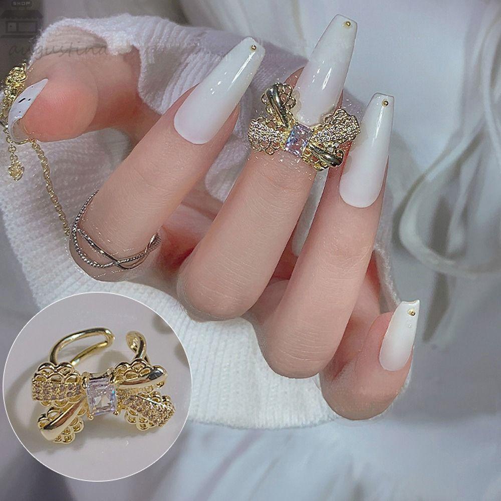 AUGUSTINA Agustinina Busur Kuku Cincin Flash Shiny Vintage Wanita Perhiasan Glitter Pesta Mewah Berlian Indah Kuku Zirkon Dekorasi