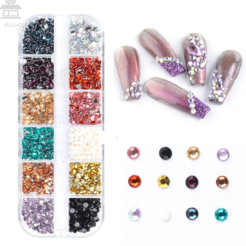 AUGUSTINA Agustina Kuku Berlian Imitasi Dengan Pinset Set 3mm 12kisi Manikur Flatback Manik-Manik Phone Case Decor DIY Ornamen 3D Nail Art Dekorasi