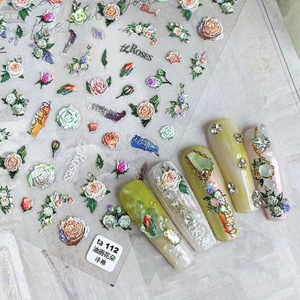 AUGUSTINA Agustina Bunga Stiker Kuku Wanita Manicure Aksesoris Alfabet Inggris Self Adhesive Nail Art Dekorasi