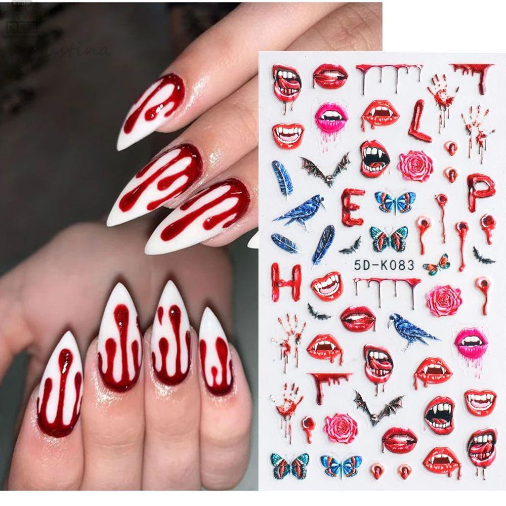 AUGUSTINA Agustina 5D Ukir Stiker Kuku Tengkorak Tiga Dimensi Perekat Diri Manikur Aksesoris Nail Art Dekorasi