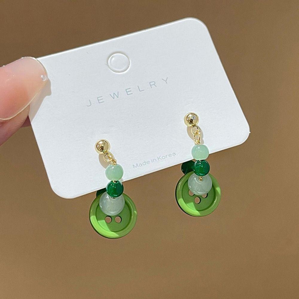 Mxbeauty Anting Hoop Manik-Manik, Hoop Telinga Gaya Cina Giok Imitasi, Perhiasan Fashion Resin Alloy Elegan Untuk Kehidupan Sehari-Hari