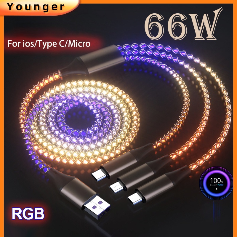 66w 6A Lampu RGB Pengisian Cepat Kabel Pernafasan Cahaya USB Tipe C Kabel Telepon Aksesoris Mobil Charge Kabel Untuk ios Typc C Micro