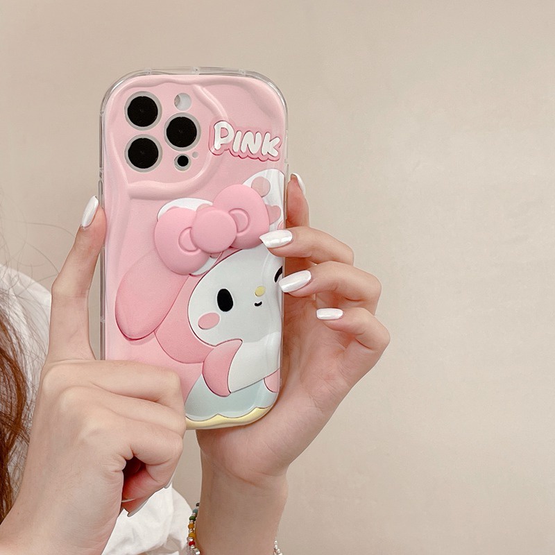 Cream Casing Pink Melody Kitty Bow Popsocket Soft Case HP iP iPhone 6 6S 7 8 14 + Plus SE 2020 2022 X XS XR 11 12 13 Pro Max Girl Woman