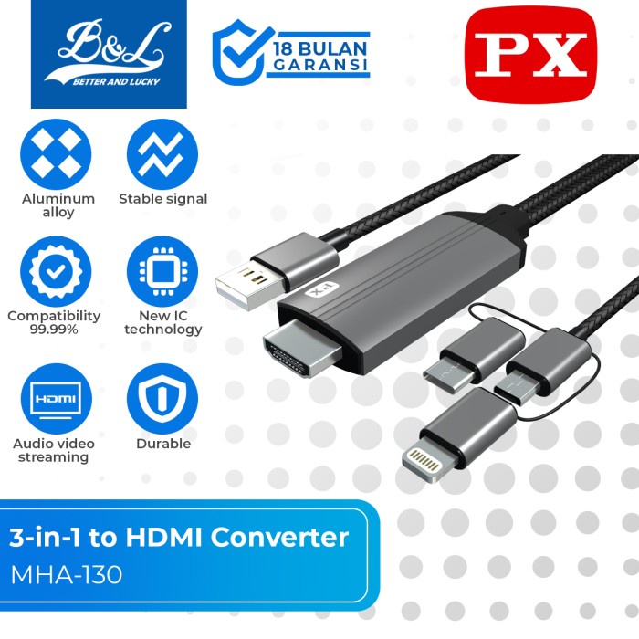 PX MHA-130 Handphone to HDMI Converter Screen Mirroring  Kabel 3-in-1 Micro-USB Type-C Lightning to 