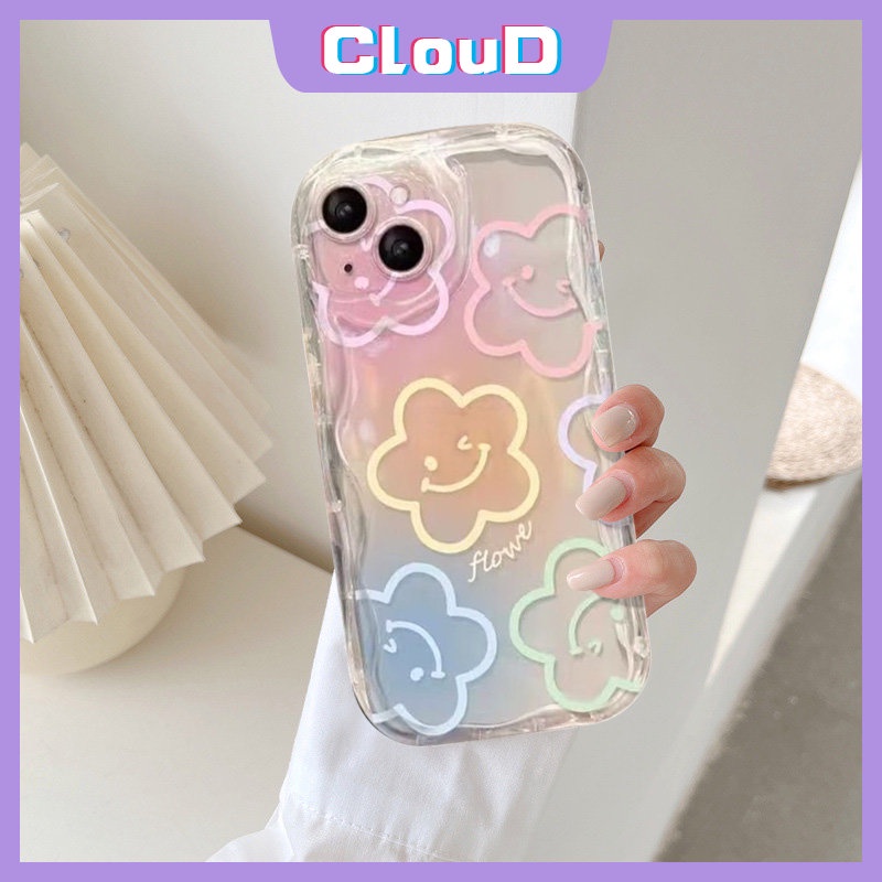IPHONE Case Tepi Melengkung Bergelombang 3D Kompatibel Untuk Iphone11 13 12 14 Pro Max7 8 6 6s Plus XR X XS Max SE 2020 INS Korea Warna-Warni Graffiti Kartun Smiley Fresh Flowers Holder Bracket Case