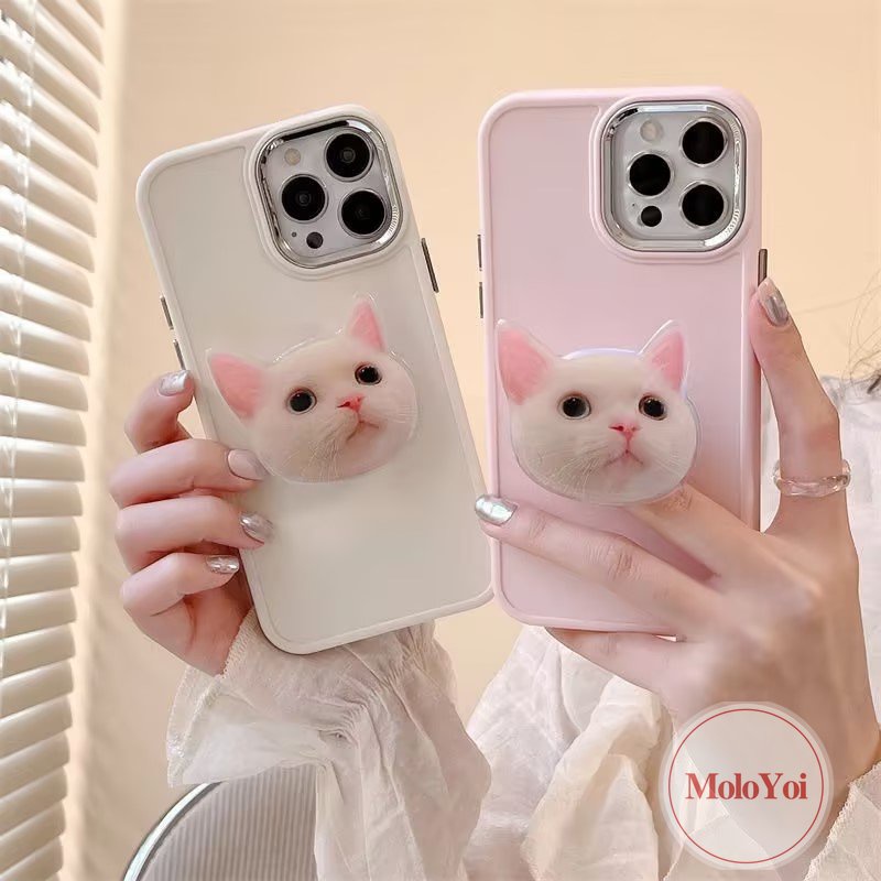 IPHONE Casing Ponsel Bracket Kucing Kitty Lucu Kompatibel Untuk Iphone11 14 13 12 Pro MAX 7plus X XR 78 Plus XS MAX Mewah Plating Bingkai Lensa Logam Warna Solid Sederhana Soft Cover