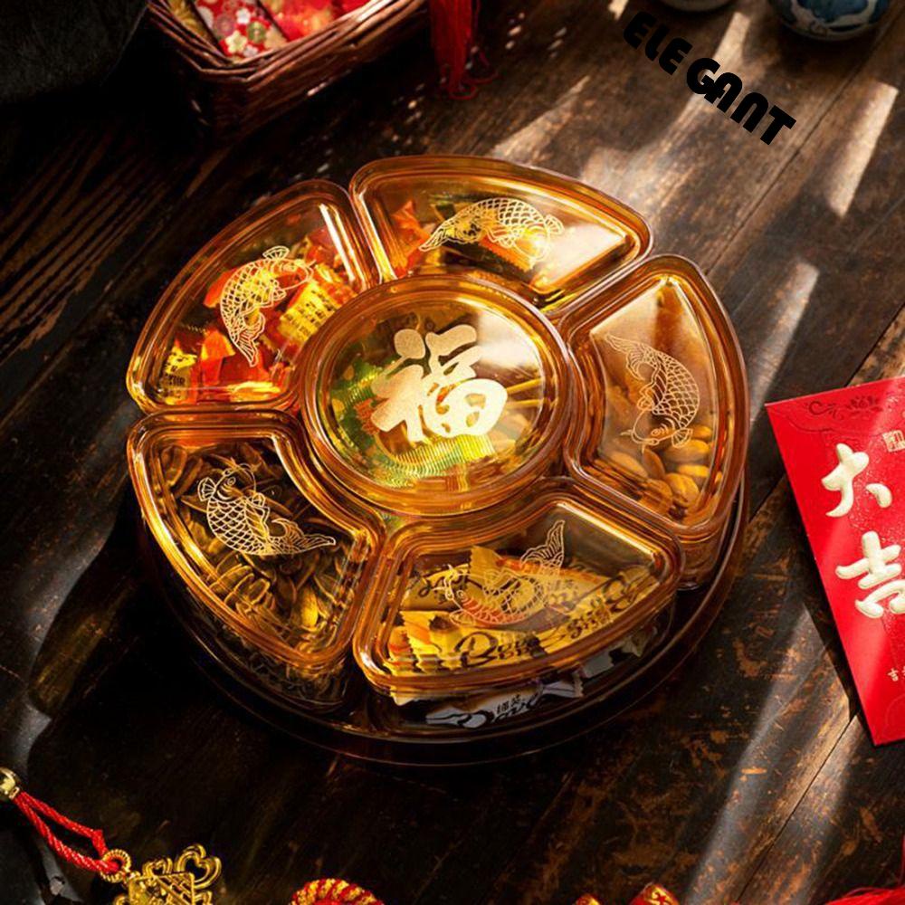 【 ELEGANT 】 Kotak Buah Kering Piknik Chinese New Year Organizer Plate Portable Dengan Tutup Rotating Food Saving Bins