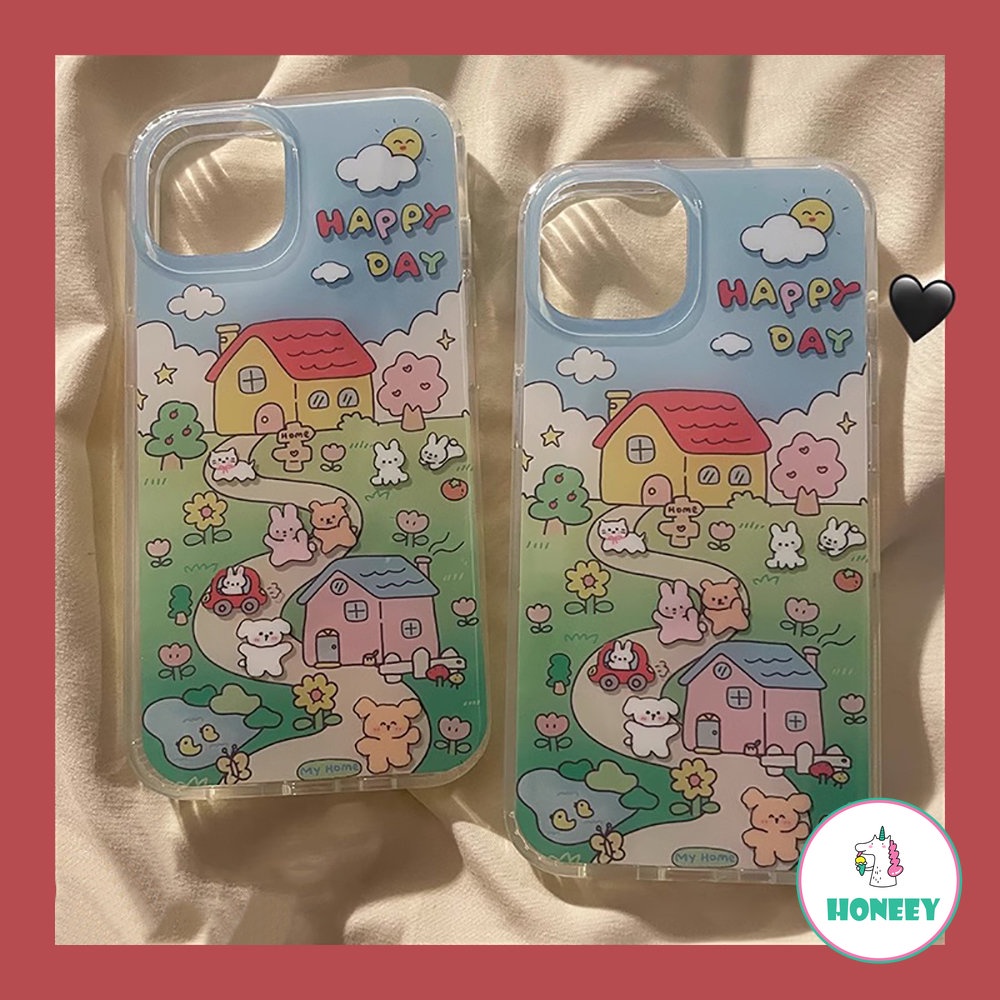 Cute Bear Bunny Graffiti Phone Case Kompatibel Untuk iPhone 14 Pro 12 13 Pro Max Case Iphone11 Bahan Akrilik Keras Anti-Drop Cover Pelindung