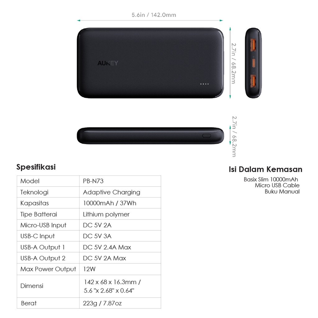 AKN88 - AUKEY PB-N73 BASIX SLIM 10000 - Powerbank 10000mAh Dual Input Output