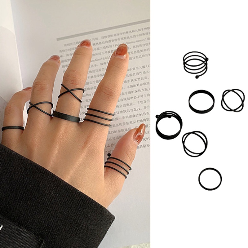 6pcs /Set Cincin Hitam Pembukaan Bulat Hollow Logam Fashion Untuk Perhiasan Aksesoris Wanita