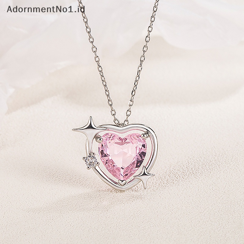 [AdornmentNo1] Gaya korea Fashion Vintage Hollow Pink kristal liontin hati warna Silver kalung rantai leher untuk wanita perhiasan pernikahan