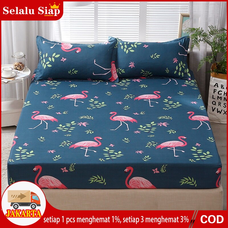 Sprei Cetak Flamingo dengan Penutup Kasur Elastis dari Bahan Katun Sprei Pas Ukuran Queen dan King180x200cm