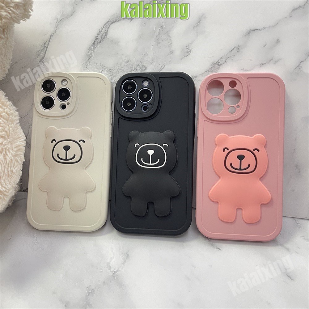 Soft Case Silikon untuk iPhone 11Pro 13 Pro Max 12 11 Pro Max 7/8 X XS Max XR 7Plus 8Plus Casing 3D Bear Back Cover Beludru Di Dalam