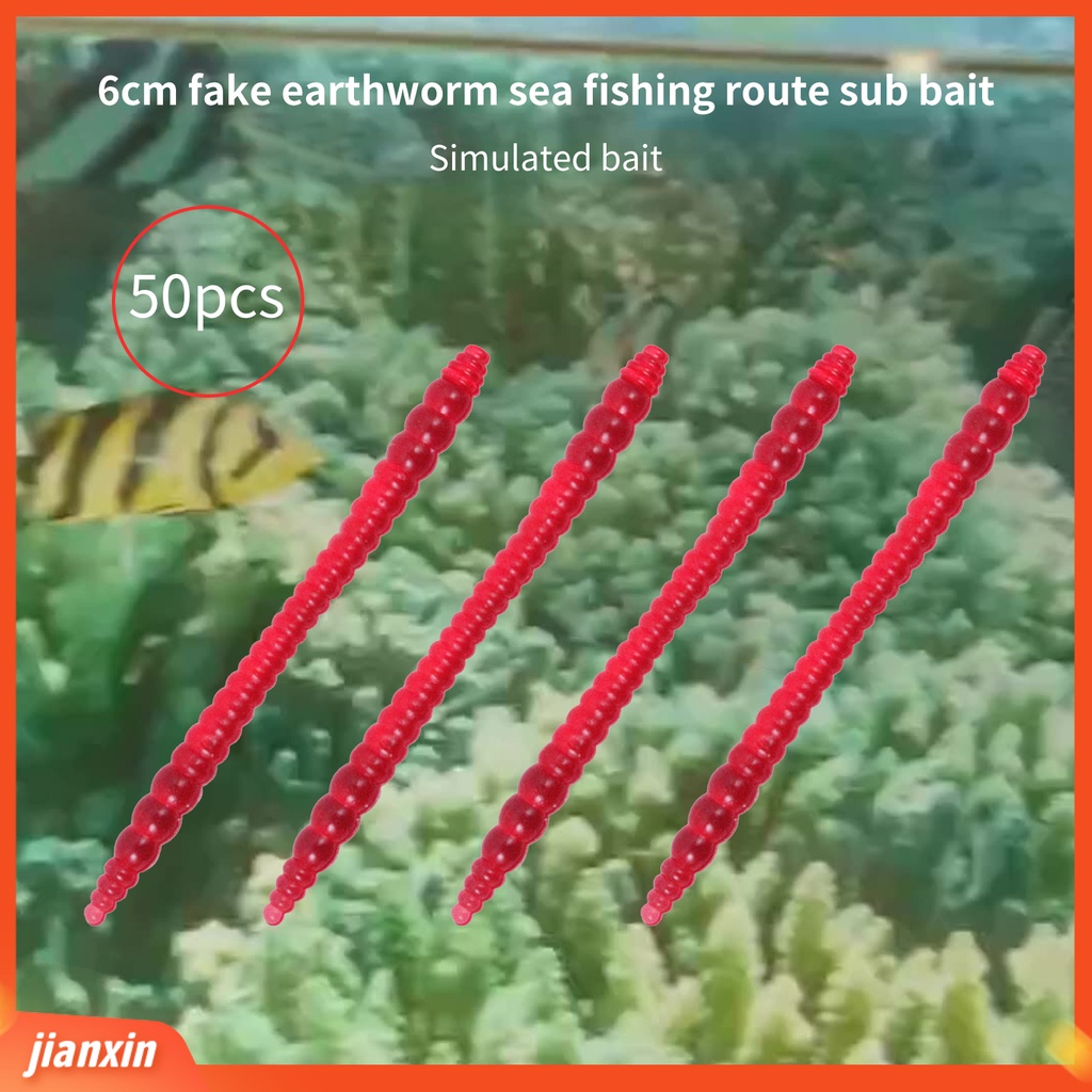 (In Stock) 50Pcs /Pack 6cm PVC Umpan Pancing Ultralight Tahan Aus Desain Neon Umpan Cacing Tanah Fishing Tackle