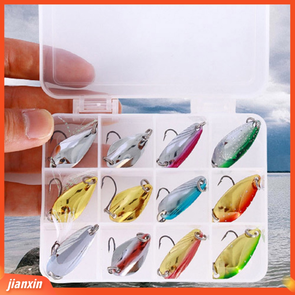 (In Stock) 12Pcs Pemikat Pancing Dengan Kotak Kait Tajam Warna Cerah Kemampuan Lempar Yang Baik Banyak Ukuran Logam Mulut Kuda Paruh Trout Payet Memancing Luar Ruangan