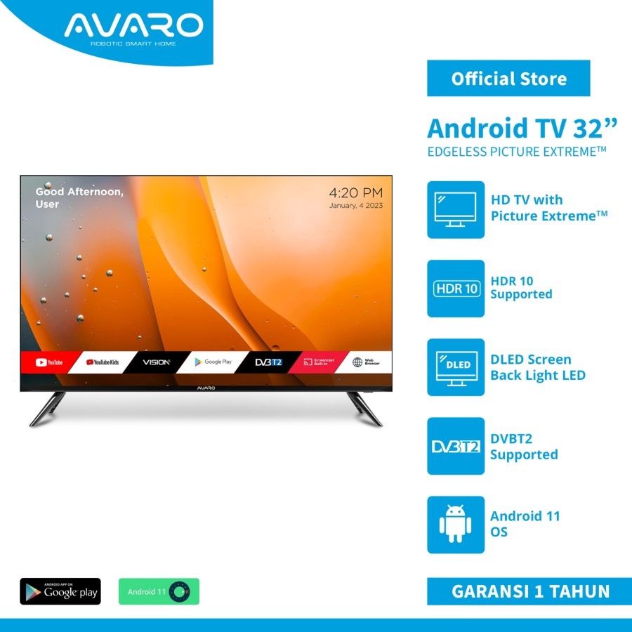 Khusus Jatim AVARO 32 inch Smart LED TV HD - Android 11 - Android TV