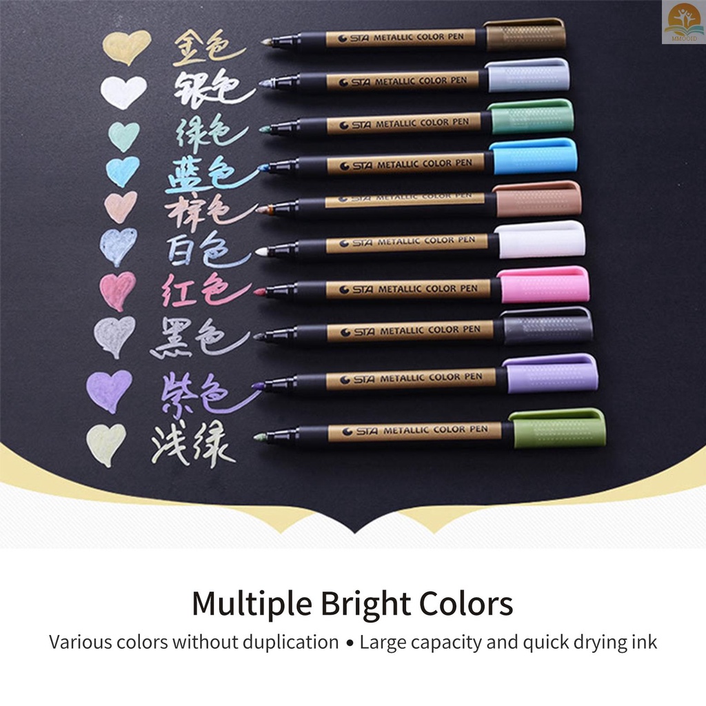 In Stock 10warna Set Penanda Metalik Cat Akrilik Penanda Seni Berbasis Air Ujung 2mm Cepat Kering Tidak Beracun Untuk Lukisan Batu Kertas Hitam Scrapbooking Kerajinan Keramik Kaca Batu Graffi