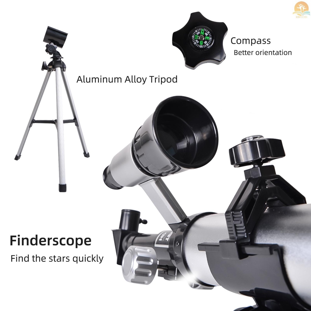 In Stock Teleskop Untuk Anak-Anak Dewasa Pemula 50mm Paduan Aperture Astronomi Refraktor Telescope 100mm Lensa Objektif Pembesaran 60x Dengan Adjustable Tripod Finder Scope Compass