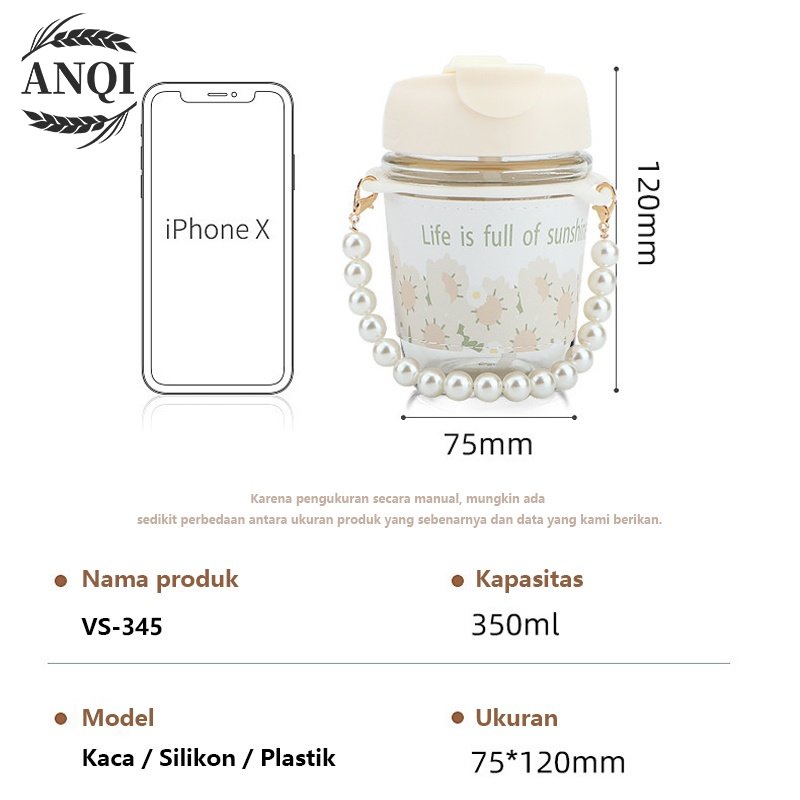 ANQI 1888 Botol Minum Kaca /  Botol Aesthetic Tali Mutiara / Tumbler Korea Botol Travel Tali Dan Sedotan VS-345