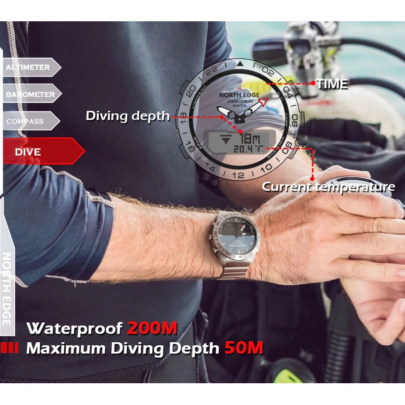 AKN88 - NORTH EDGE GAVIA Men Dive Watch Depth 50M With Altimeter Compass